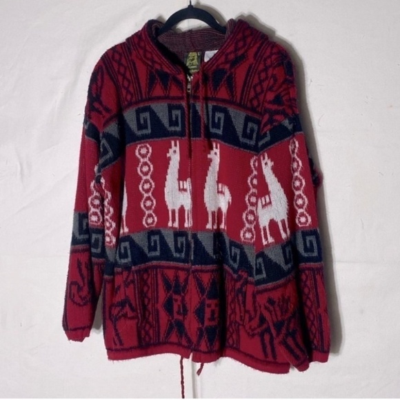 Tejidos Ruminahui Red Alpaca Zip Front Wool Sweater L